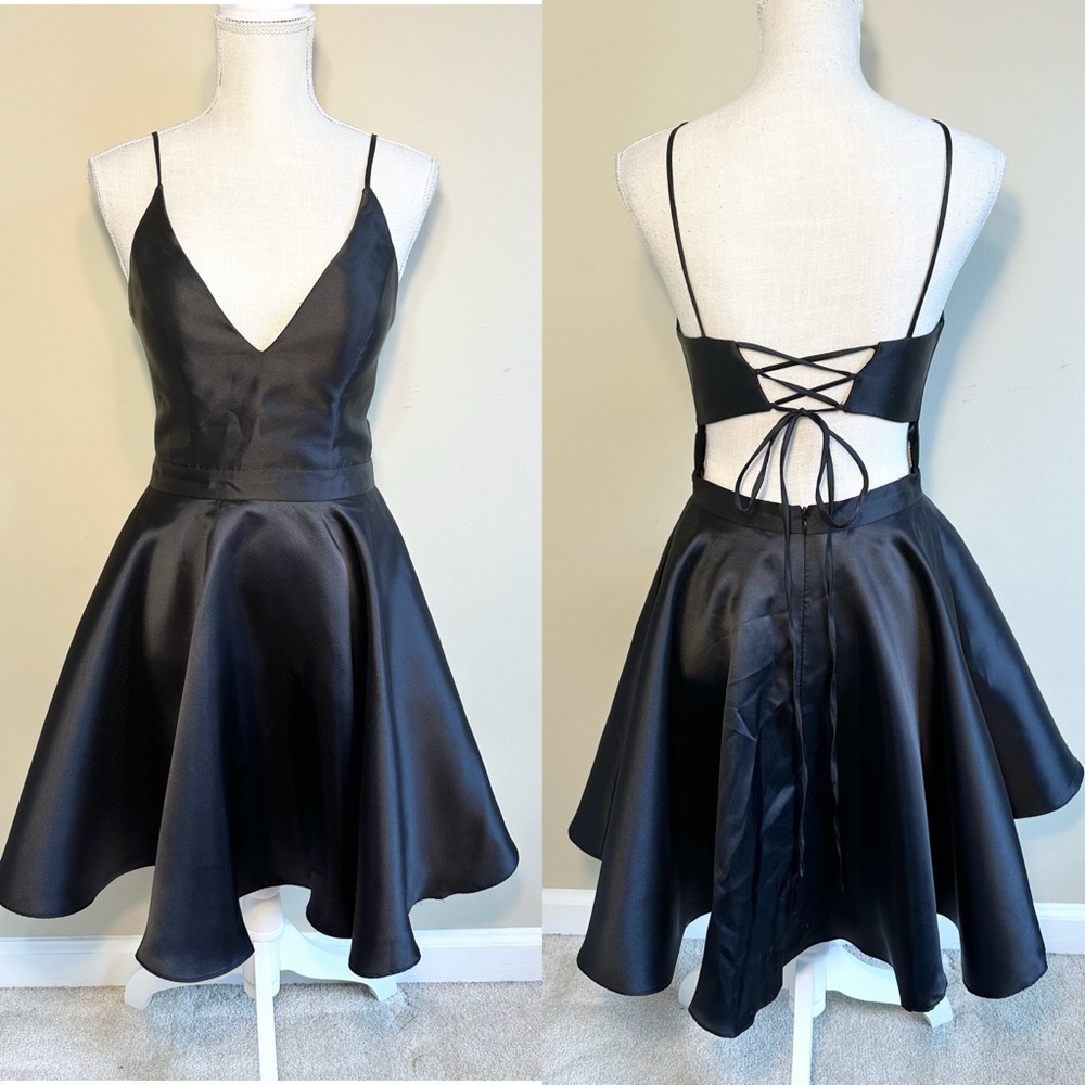 JVN by Jovani 4 Dress Black Satin Cocktail Short Fit Flare Cutout Back V-Neck